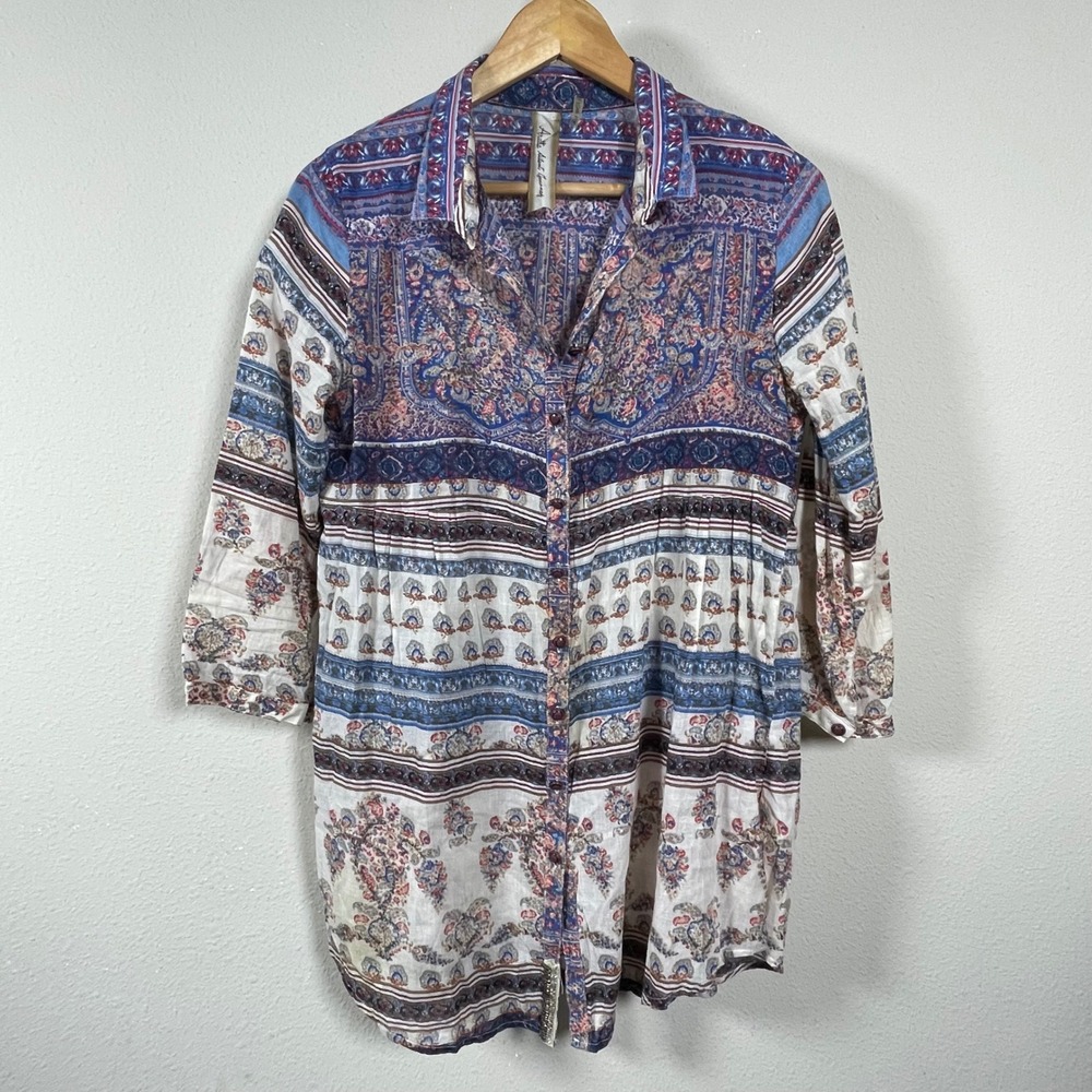 Aratta Silent Journey Tunic Womens Small Blue Paisley Floral Button Down Shirt